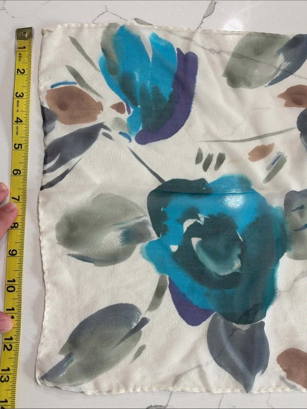 Artist Signed Watercolor Floral Sheer Chiffon Scarf Blue Gray White Oblong Wrap